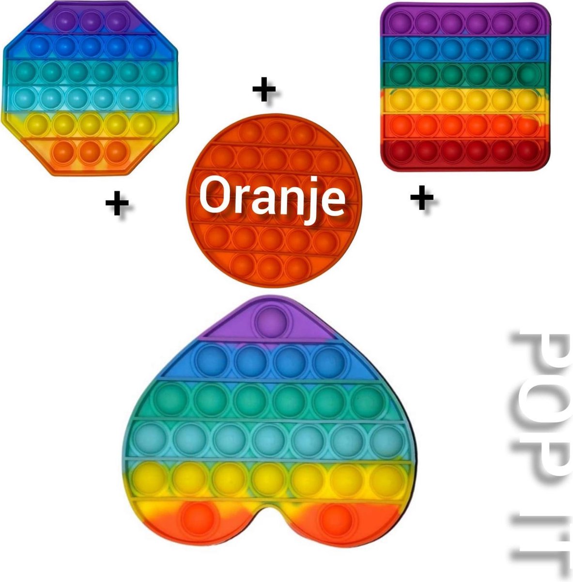 Pop It | Fidget toys | Pakket van 4 stuks | Regenboog achthoek + Oranje rond + Rainbow vierkant + Regenboog hartje | Speelgoed meisjes + jongens + volwassen | Pop It | Fidget toy